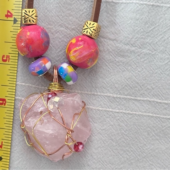 Pink Quartz Crystal Wire Wrapped Stone Pendant Necklace Handmade Leather Cord - Picture 11 of 12
